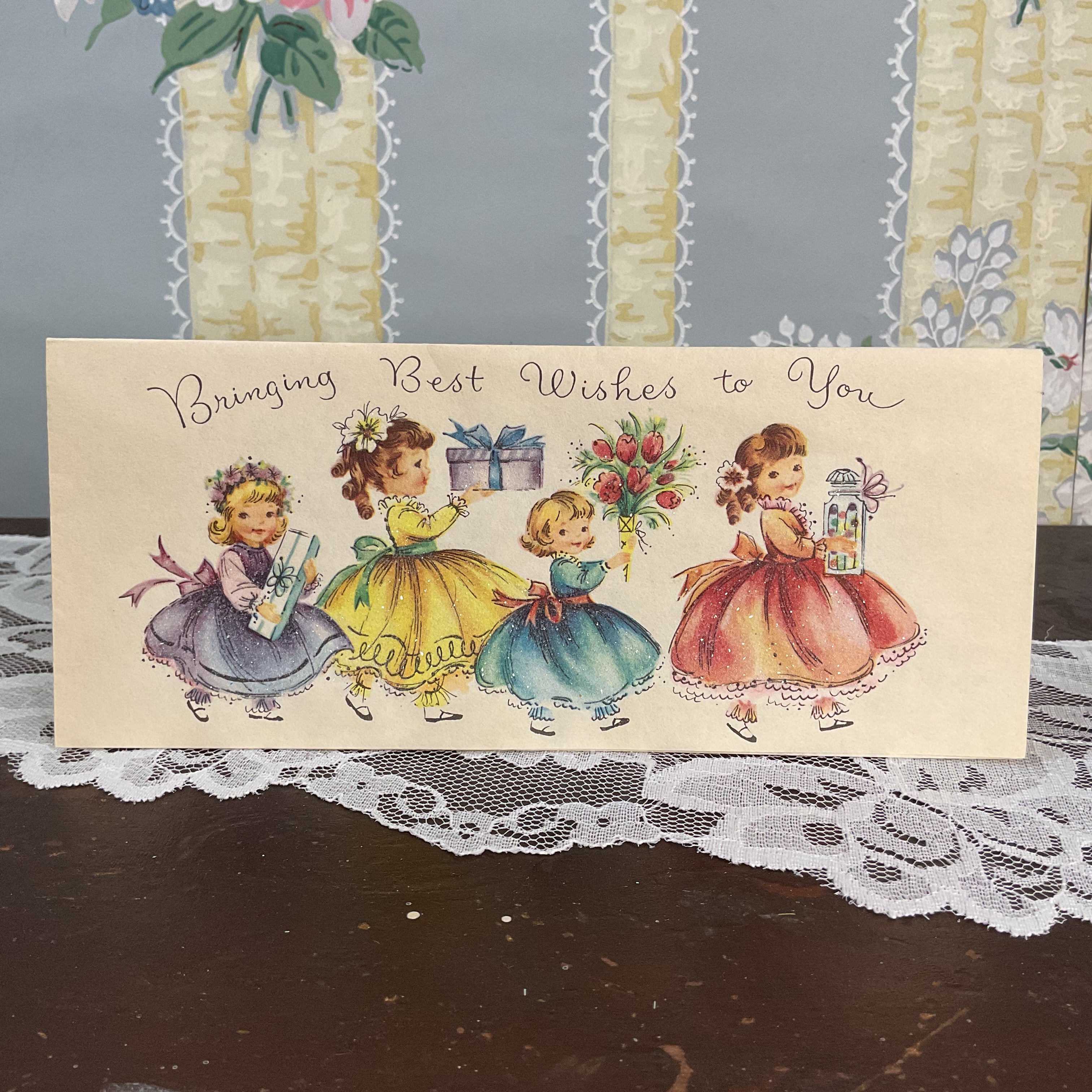 Vintage 1950s Get Well Card Girls Carry Gifts Glittered Dresses Unused