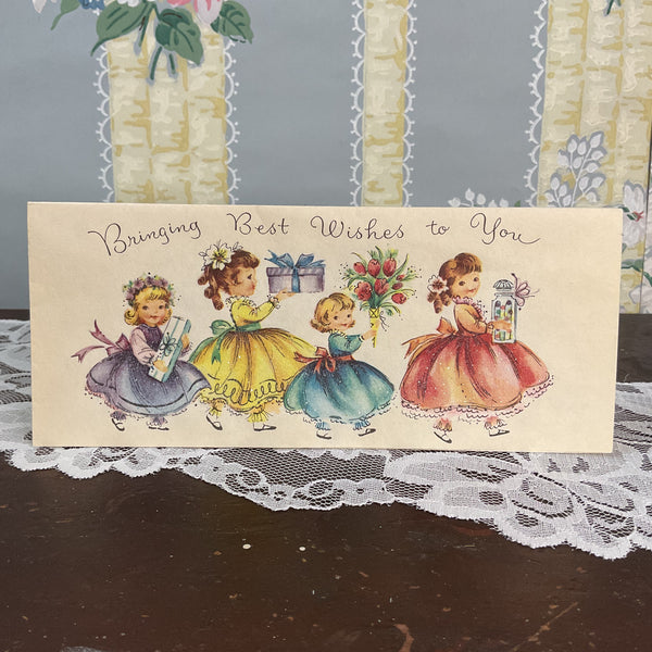 Vintage 1950s Get Well Card Girls Carry Gifts Glittered Dresses Unused