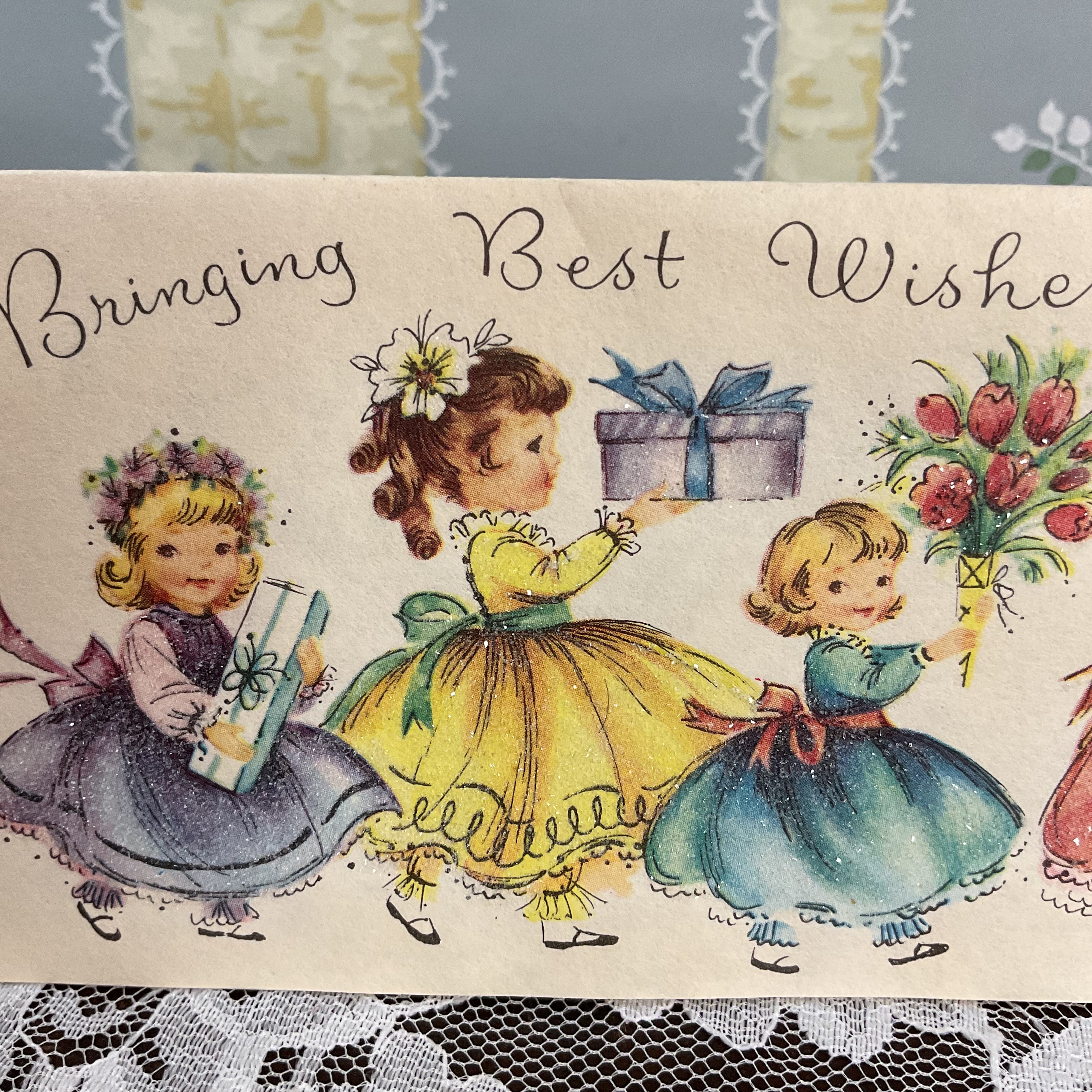 Vintage 1950s Get Well Card Girls Carry Gifts Glittered Dresses Unused