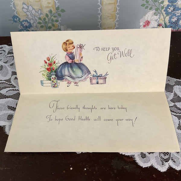 Vintage 1950s Get Well Card Girls Carry Gifts Glittered Dresses Unused