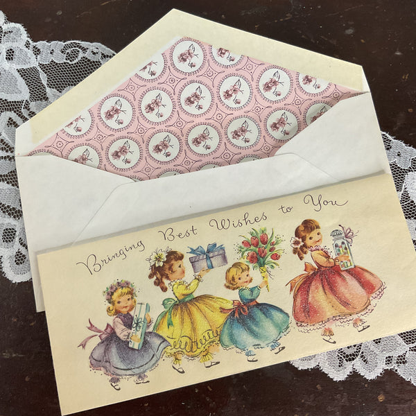 Vintage 1950s Get Well Card Girls Carry Gifts Glittered Dresses Unused