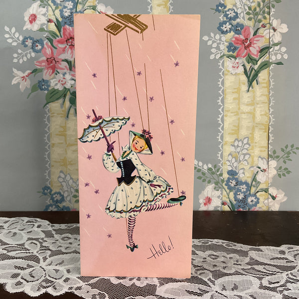 Vintage 1950s Get Well Card Marionette Puppet Girl Umbrella Unused
