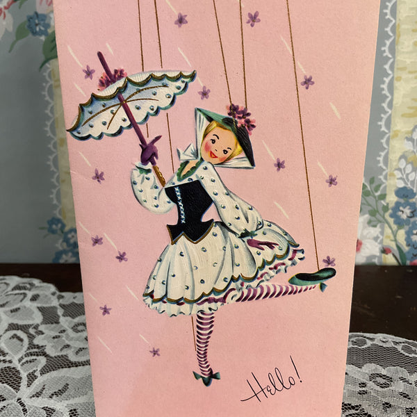 Vintage 1950s Get Well Card Marionette Puppet Girl Umbrella Unused
