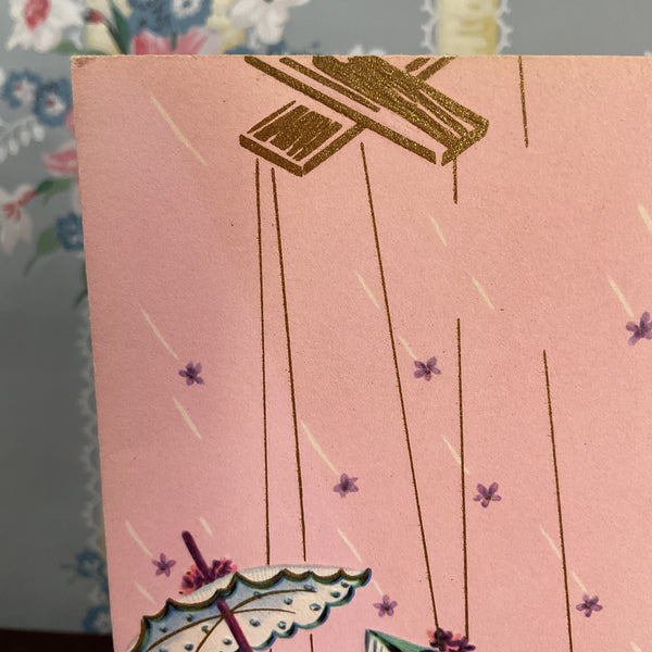 Vintage 1950s Get Well Card Marionette Puppet Girl Umbrella Unused