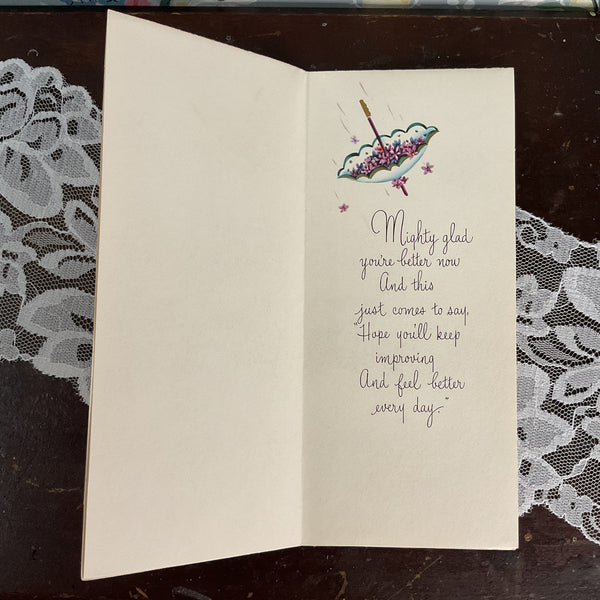 Vintage 1950s Get Well Card Marionette Puppet Girl Umbrella Unused