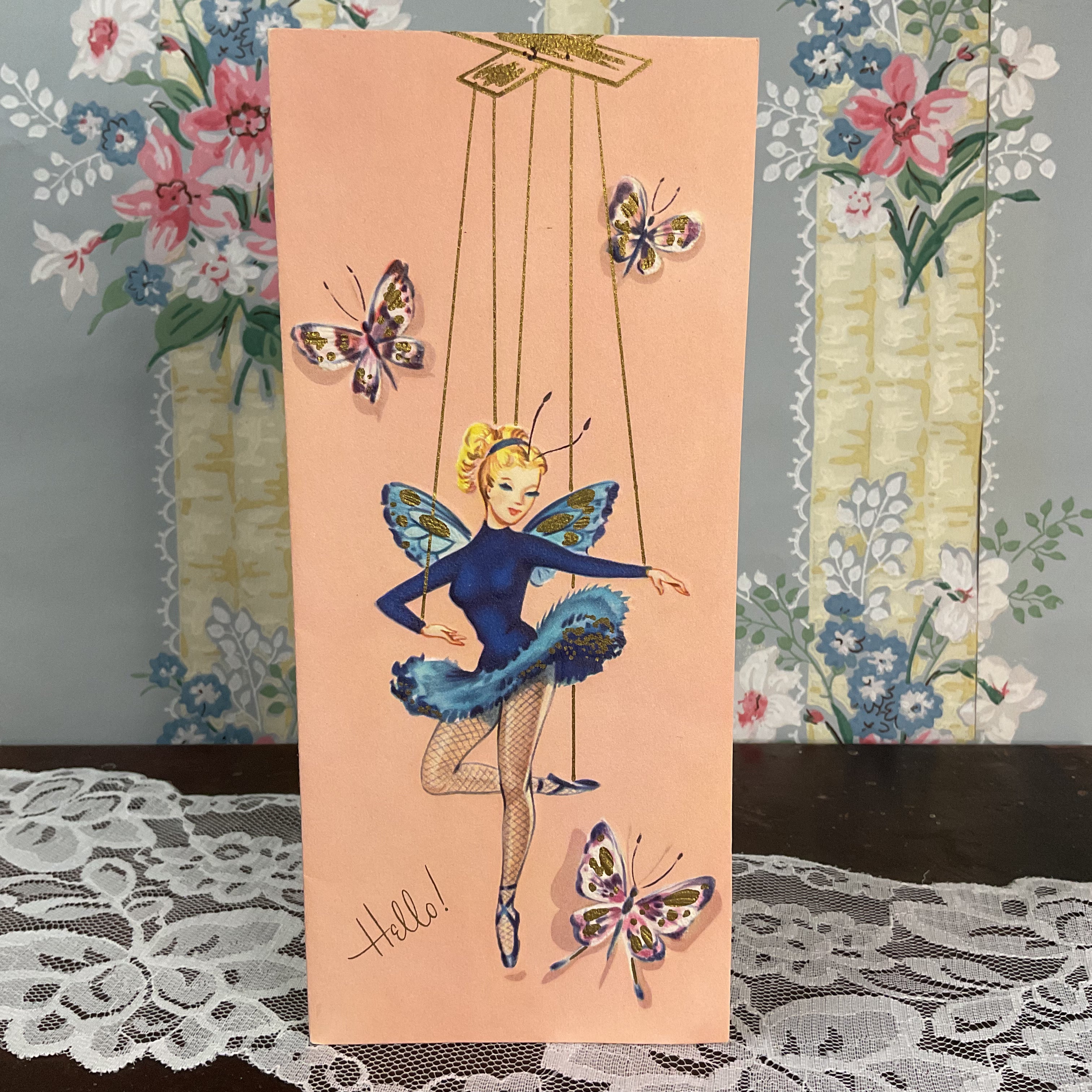 Vintage 1950s Get Well Card Marionette Puppet Ballet Dancer Unused