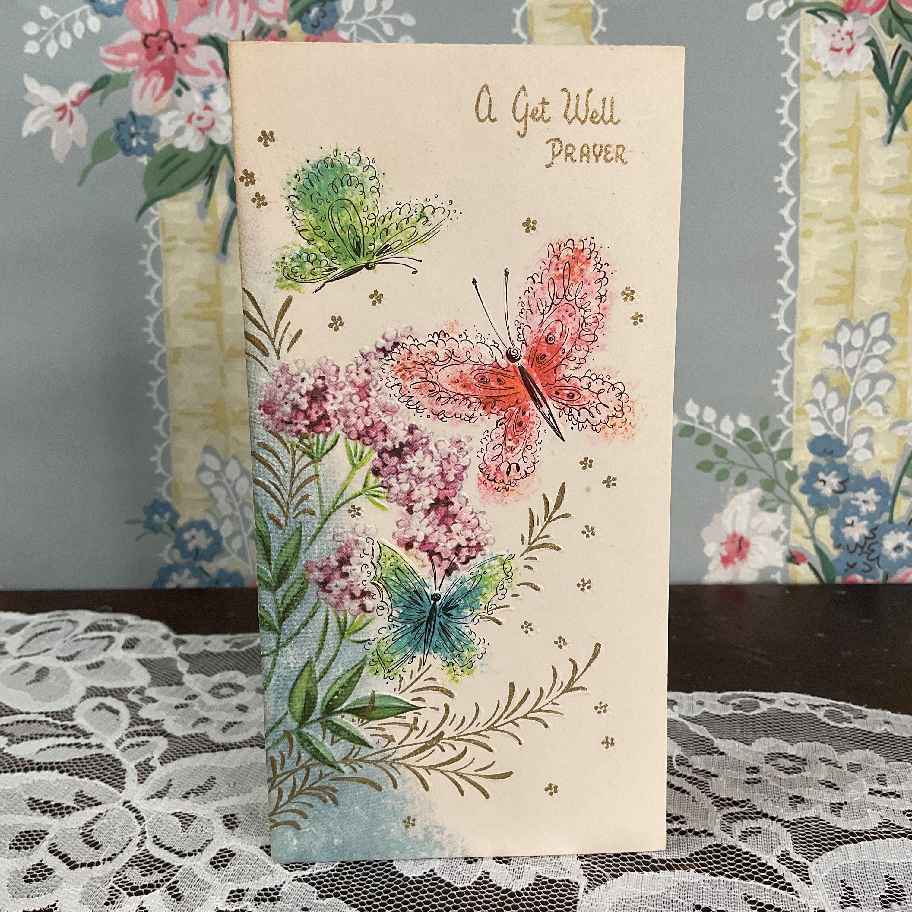 Vintage 1950s Get Well Prayer Card Embossed Butterflies Unused