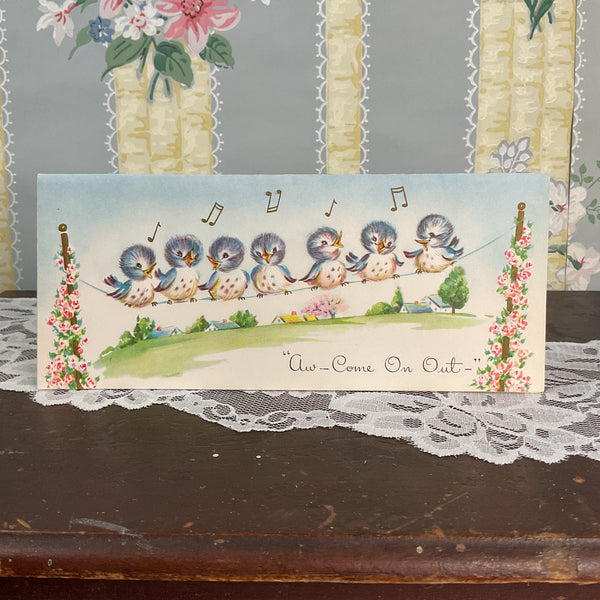 Vintage 1950s Get Well Card Blue Birds on Clothesline Unused