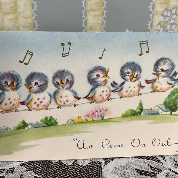 Vintage 1950s Get Well Card Blue Birds on Clothesline Unused
