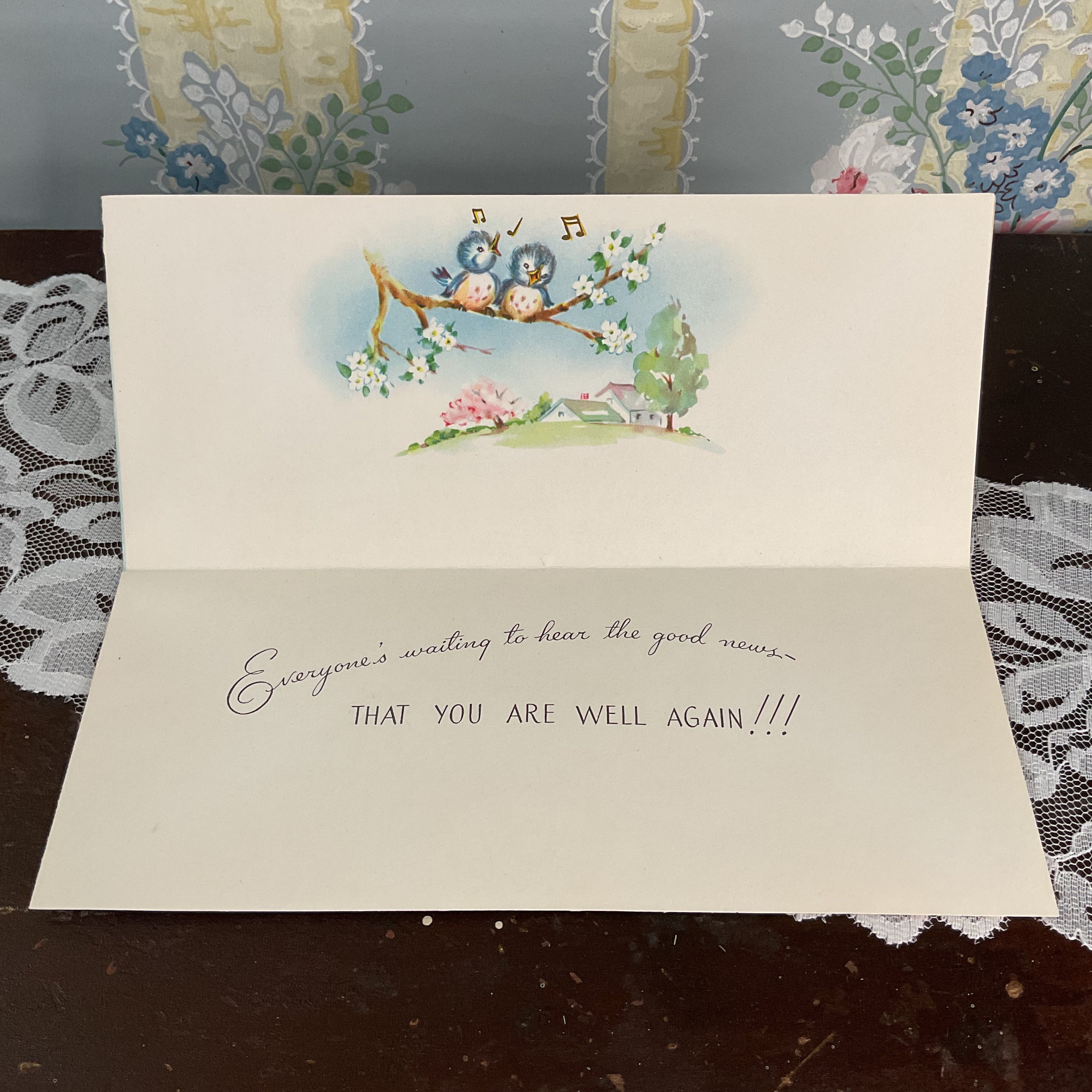 Vintage 1950s Get Well Card Blue Birds on Clothesline Unused