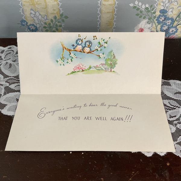 Vintage 1950s Get Well Card Blue Birds on Clothesline Unused
