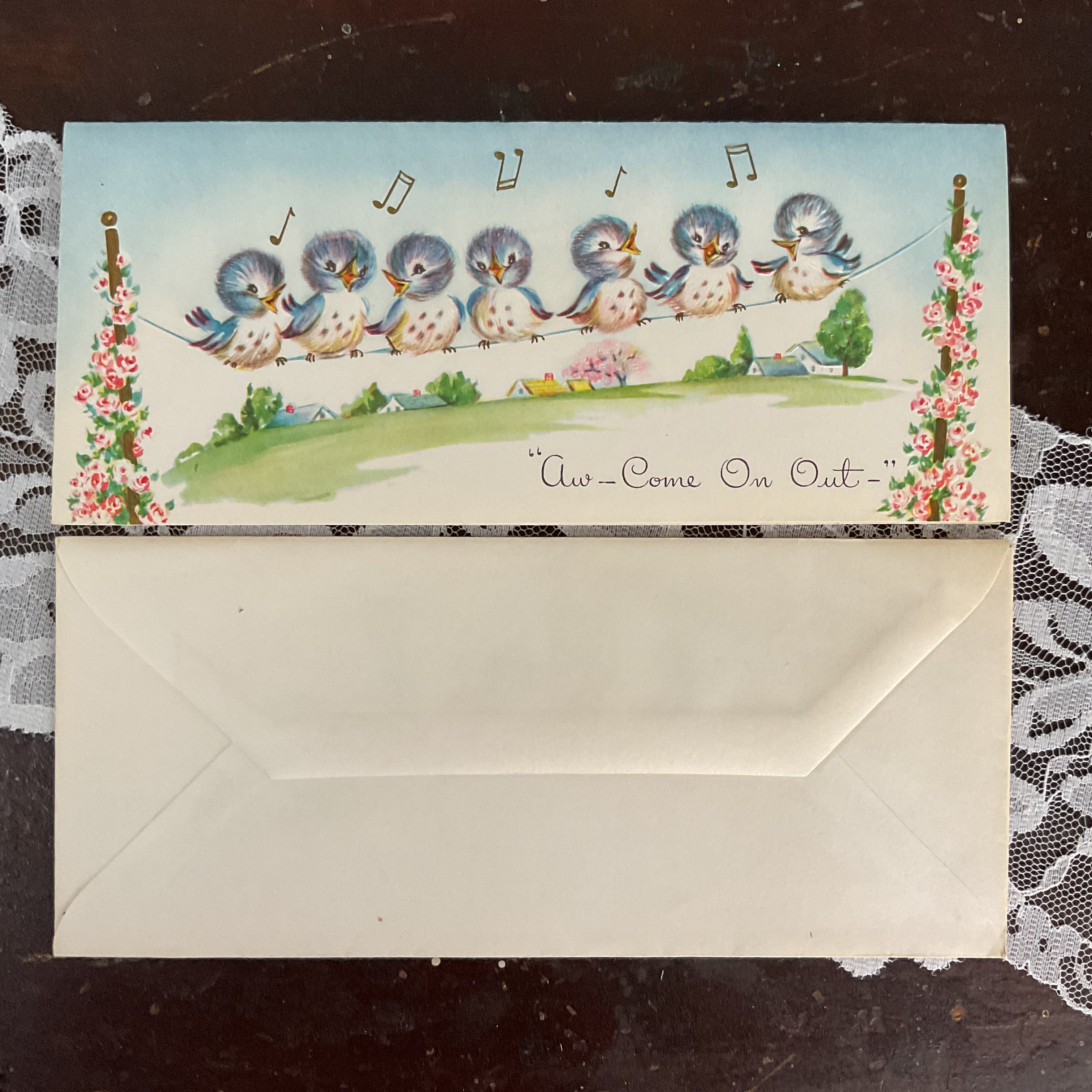 Vintage 1950s Get Well Card Blue Birds on Clothesline Unused