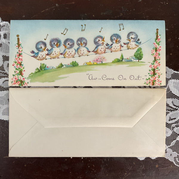 Vintage 1950s Get Well Card Blue Birds on Clothesline Unused