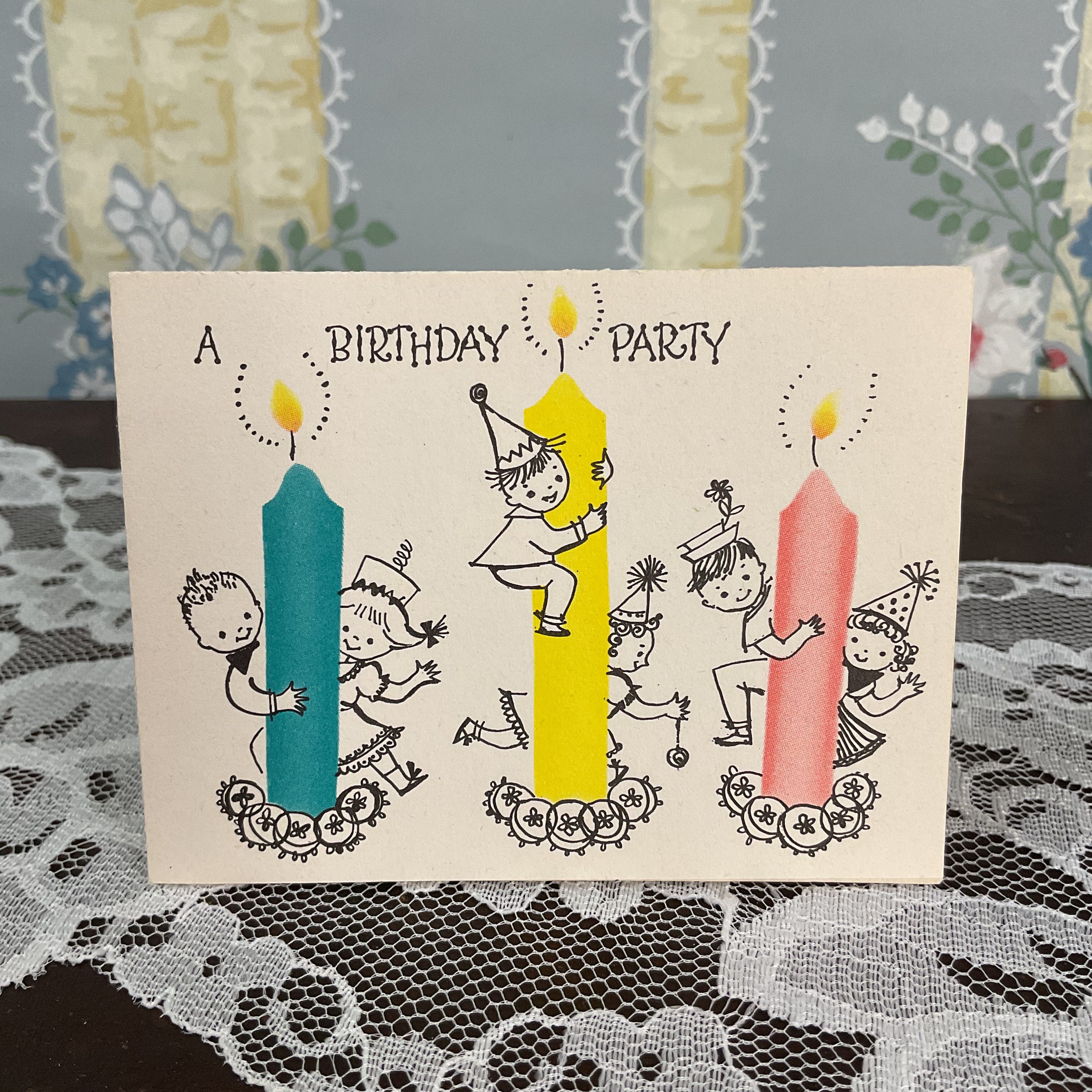 Vintage 1950s Birthday Party Invitation Card Children on Candles Unused