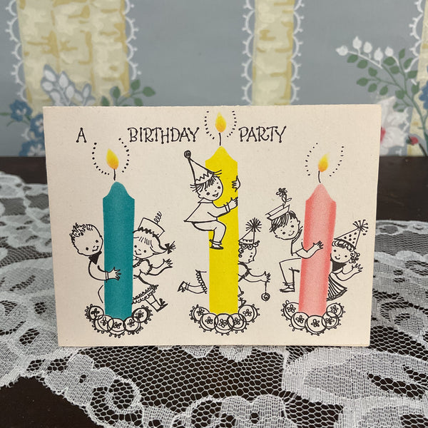 Vintage 1950s Birthday Party Invitation Card Children on Candles Unused