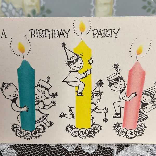 Vintage 1950s Birthday Party Invitation Card Children on Candles Unused