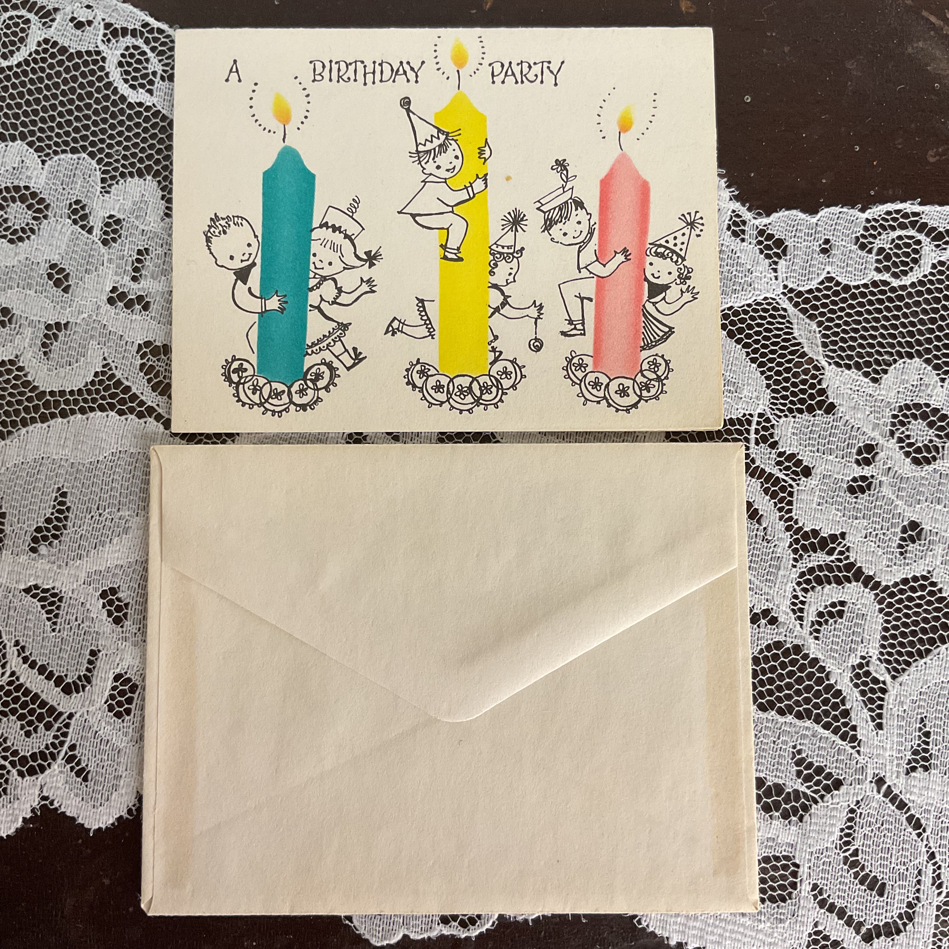 Vintage 1950s Birthday Party Invitation Card Children on Candles Unused