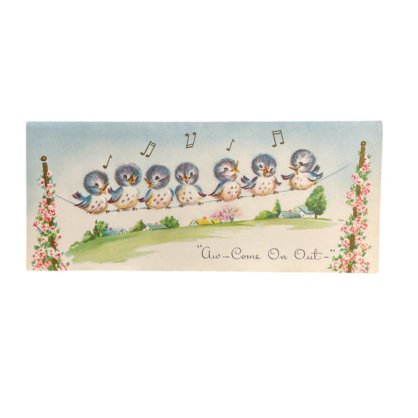Vintage 1950s Get Well Card Blue Birds on Clothesline Unused