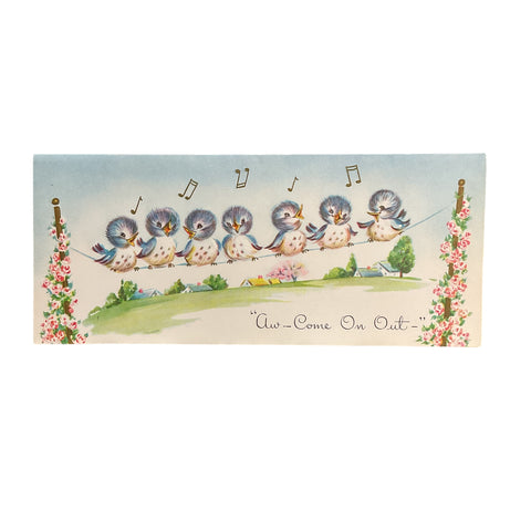 Vintage 1950s Get Well Card Blue Birds on Clothesline Unused
