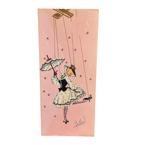 Vintage 1950s Get Well Card Marionette Puppet Girl Umbrella Unused