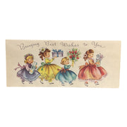 Vintage 1950s Get Well Card Girls Carry Gifts Glittered Dresses Unused