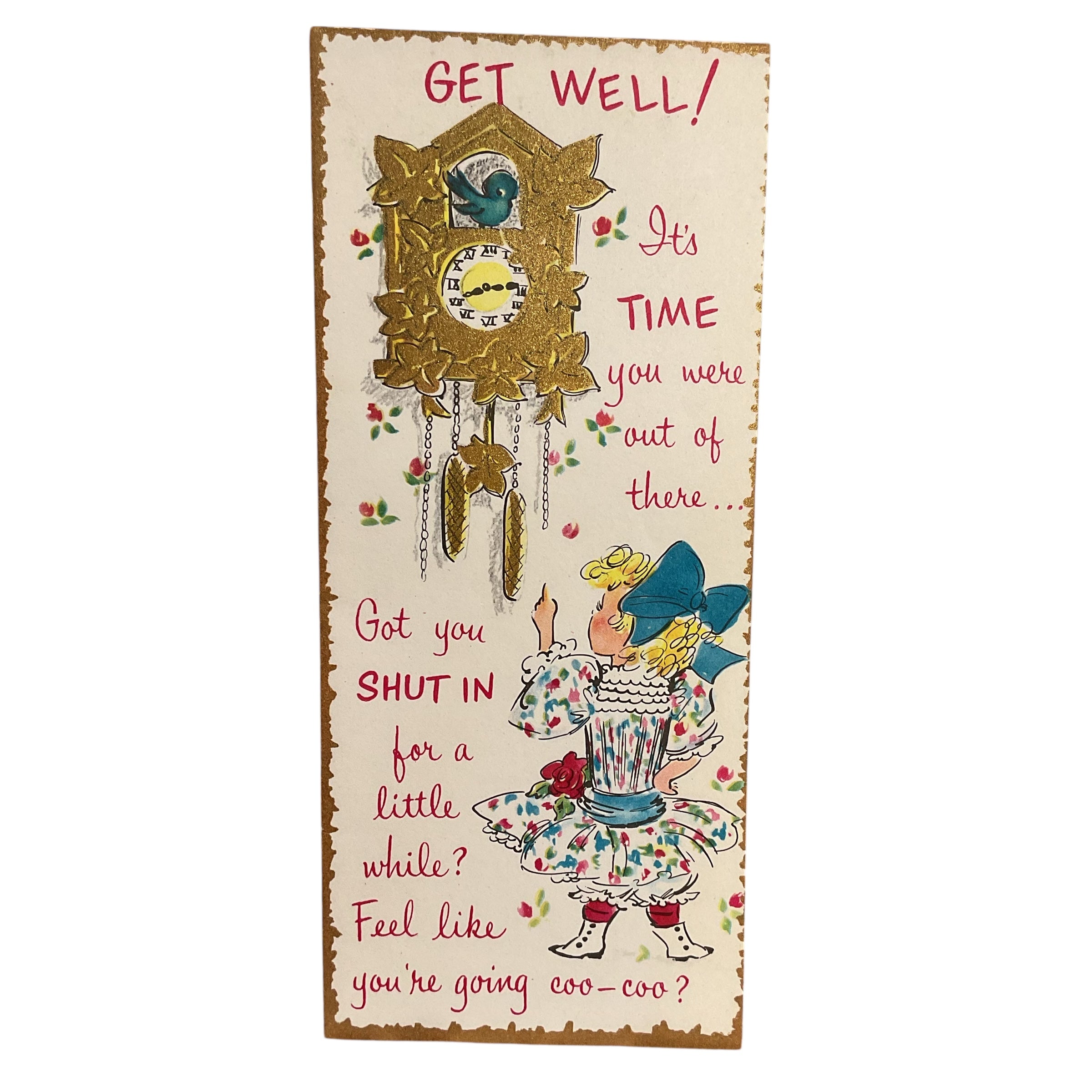 Vintage 1950s Sunshine Get Well Card Cuckoo Clock Little Girl Unused