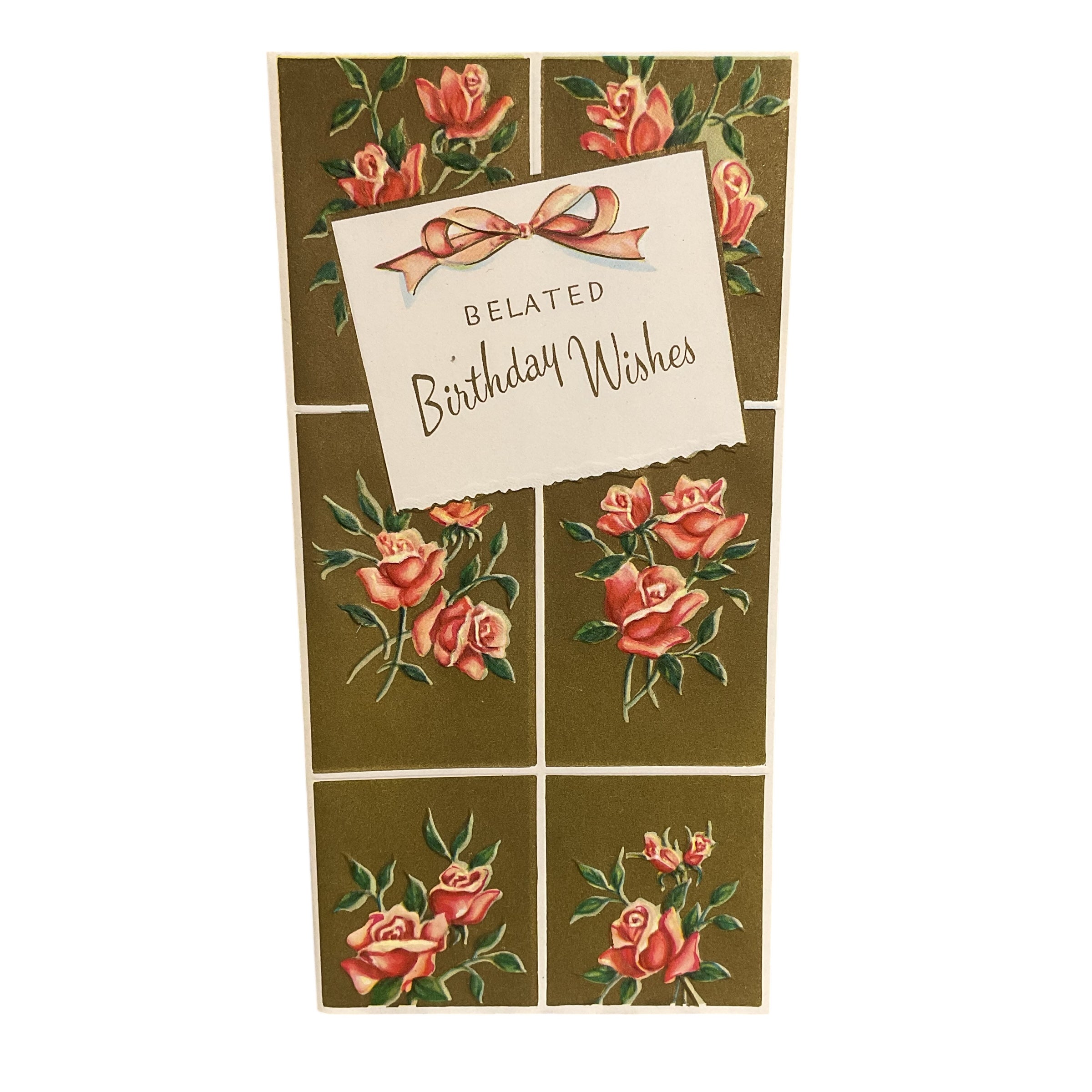 Vintage 1950s Belated Birthday Greeting Card Pink Roses on Gold Unused