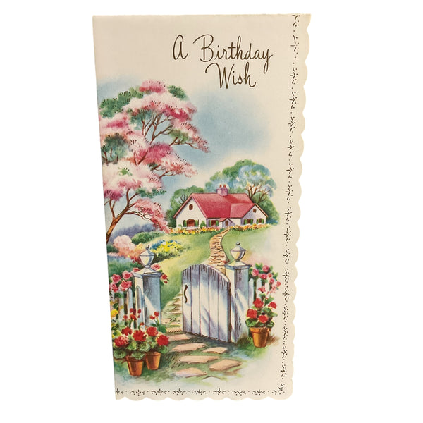 Vintage 1950s Birthday Greeting Card Cottage White Picket Fence Unused