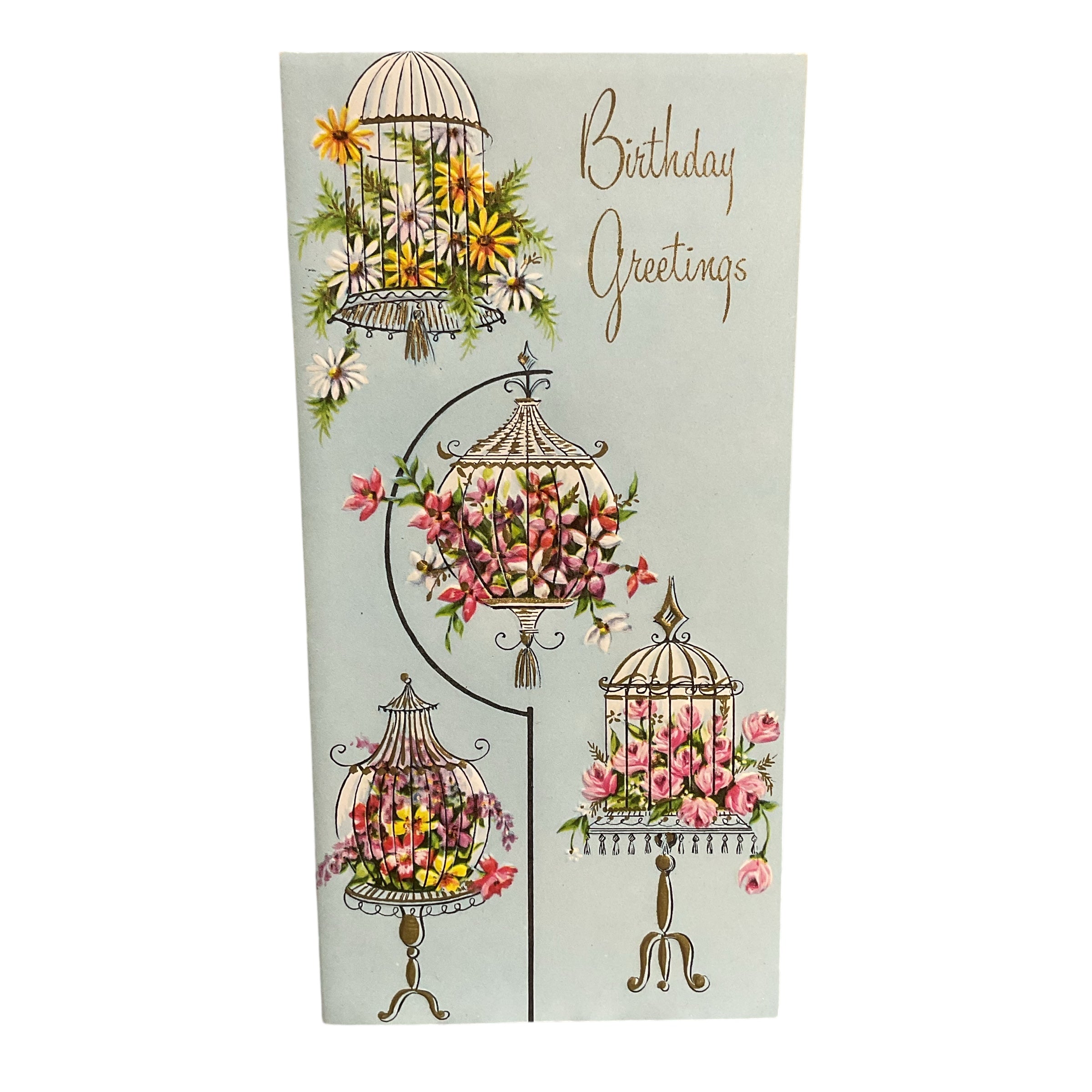 Vintage 1950s Birthday Greetings Card Floral Birdcages Unused