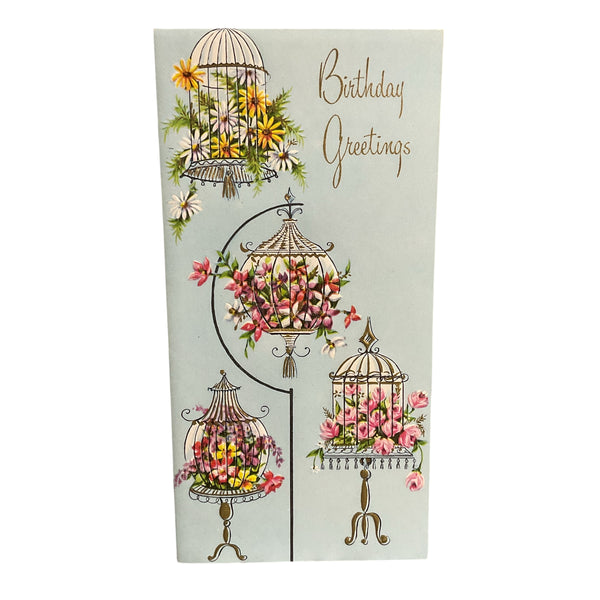 Vintage 1950s Birthday Greetings Card Floral Birdcages Unused