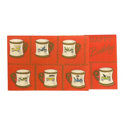 Vintage 1950s Birthday Greetings Card Antique Cars on Mugs Unused