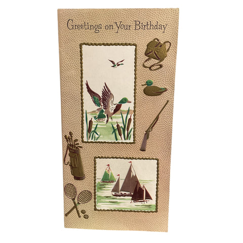Vintage 1950s Birthday Greetings Card Duck Hunting Golf Clubs Unused