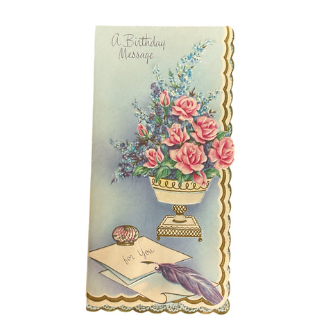 Vintage 1950s Birthday Greetings Card Pink Roses Feather Pen Unused