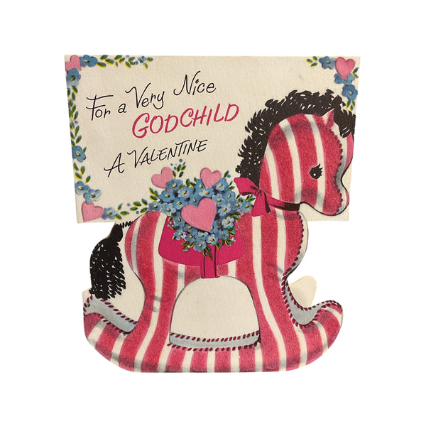 Vintage 1950s Norcross Valentine Card Flocked Rocking Horse Godchild USED