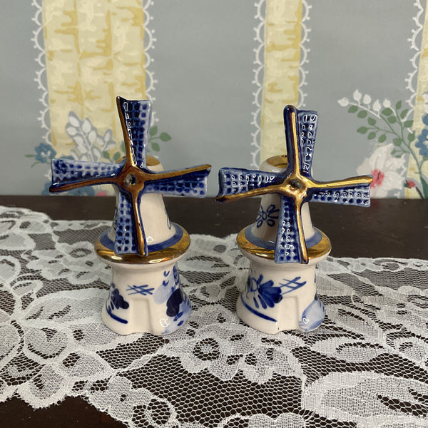 Vintage Delft Blue Windmill Salt and Pepper Shakers Set Blades Spin