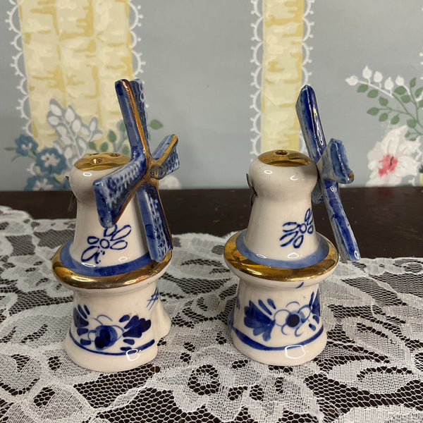 Vintage Delft Blue Windmill Salt and Pepper Shakers Set Blades Spin