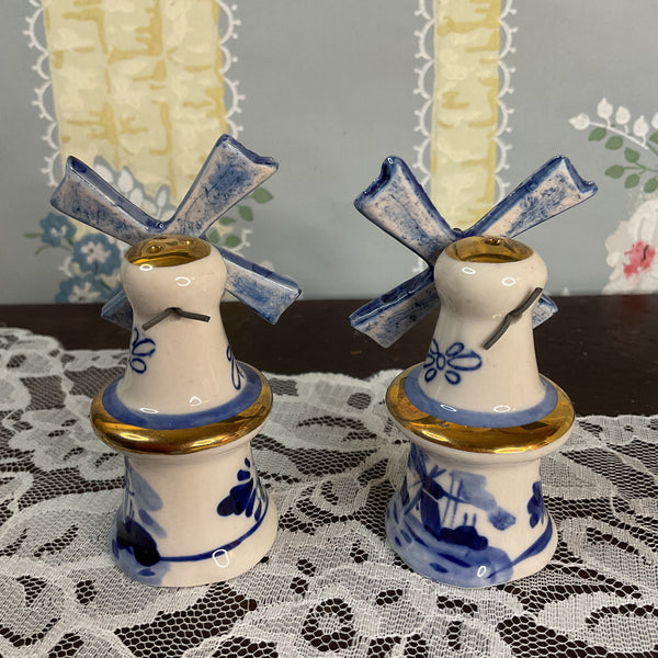 Vintage Delft Blue Windmill Salt and Pepper Shakers Set Blades Spin