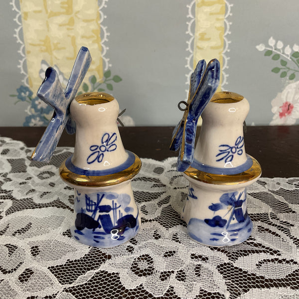 Vintage Delft Blue Windmill Salt and Pepper Shakers Set Blades Spin