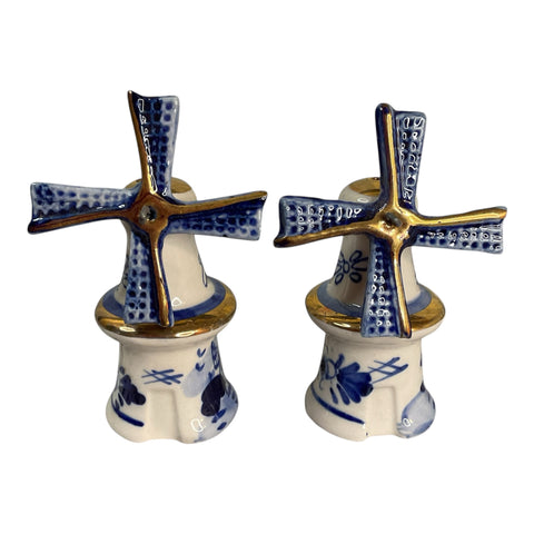 Vintage Delft Blue Windmill Salt and Pepper Shakers Set Blades Spin