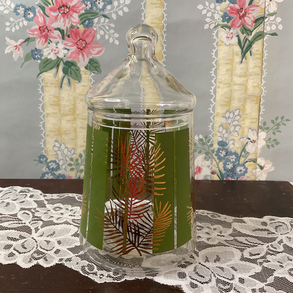 Vintage Christmas Candy Jar Clear Glass With Lid Pine Motif
