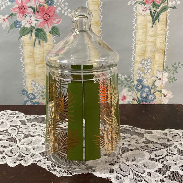Vintage Christmas Candy Jar Clear Glass With Lid Pine Motif