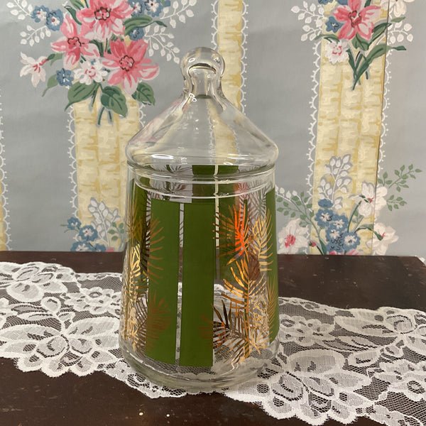 Vintage Christmas Candy Jar Clear Glass With Lid Pine Motif