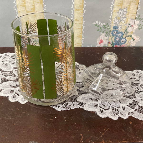 Vintage Christmas Candy Jar Clear Glass With Lid Pine Motif
