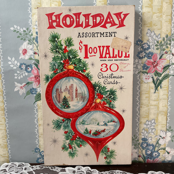 Vintage 1960s Christmas Card Box Red Ornaments Snow Scene