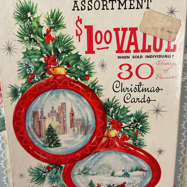 Vintage 1960s Christmas Card Box Red Ornaments Snow Scene