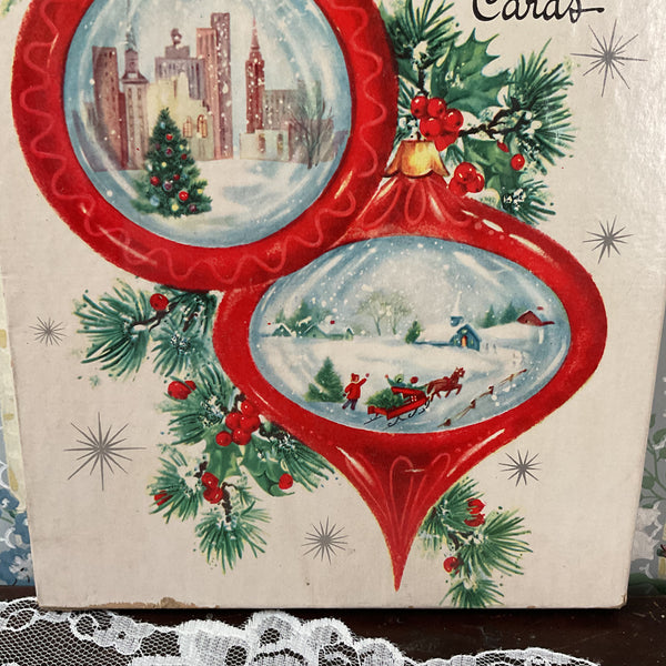 Vintage 1960s Christmas Card Box Red Ornaments Snow Scene