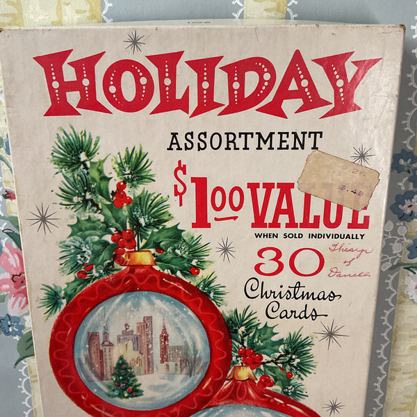 Vintage 1960s Christmas Card Box Red Ornaments Snow Scene