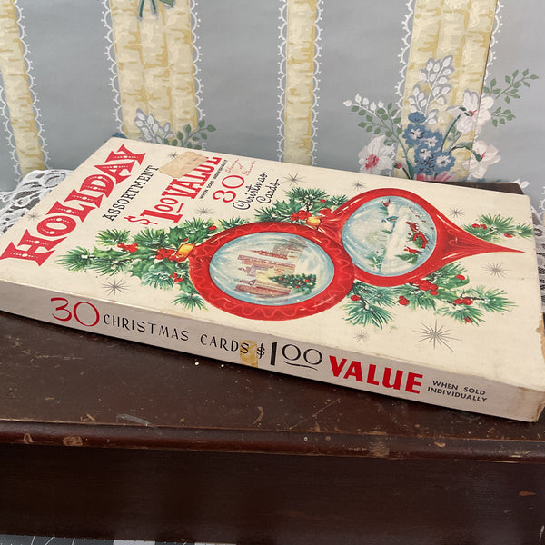 Vintage 1960s Christmas Card Box Red Ornaments Snow Scene