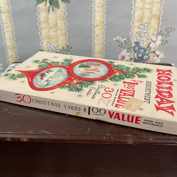 Vintage 1960s Christmas Card Box Red Ornaments Snow Scene