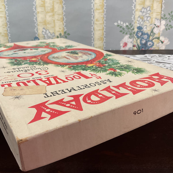 Vintage 1960s Christmas Card Box Red Ornaments Snow Scene